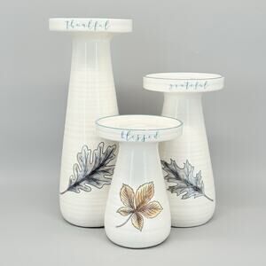 Homestead Ceramic Pillar Candle Holders Thankful Grateful Blessed Set of 3